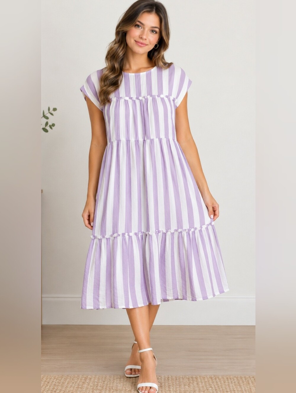 Daniel Cremieux Lavender and White Striped Tiered Midi Dress
